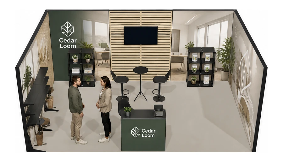 Stoisko 6 × 4 m szeregowe dla branży meble biurowe, przykładowa marka Cedar Loom