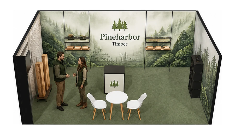 Stoisko 6 × 4 m szeregowe dla branży leśnictwo i przemysł drzewny, przykładowa marka Pineharbor Timber