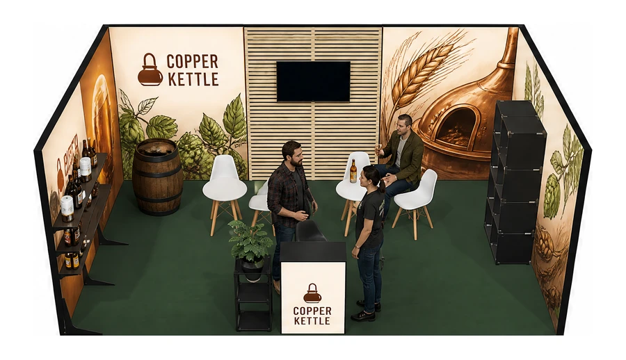 Stoisko 6 × 4 m szeregowe dla branży browar rzemieślniczy, przykładowa marka Copper Kettle