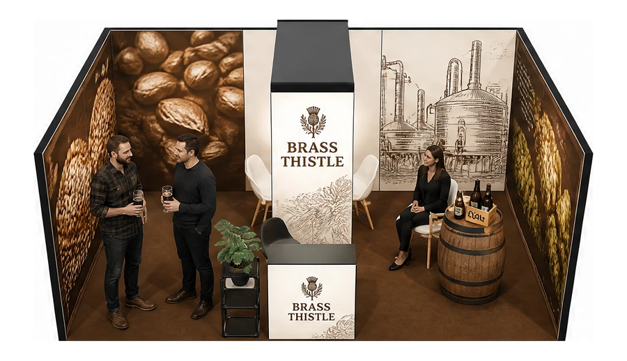 Stoisko 6 × 4 m szeregowe dla branży browar rzemieślniczy, przykładowa marka Brass Thistle