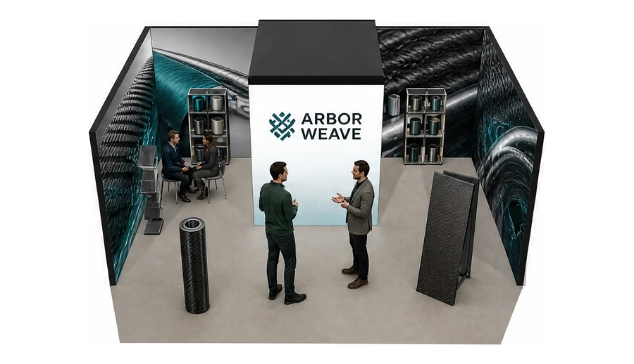 Stoisko 6 × 4 m szeregowe dla branży materiały kompozytowe, przykładowa marka Arbor Weave