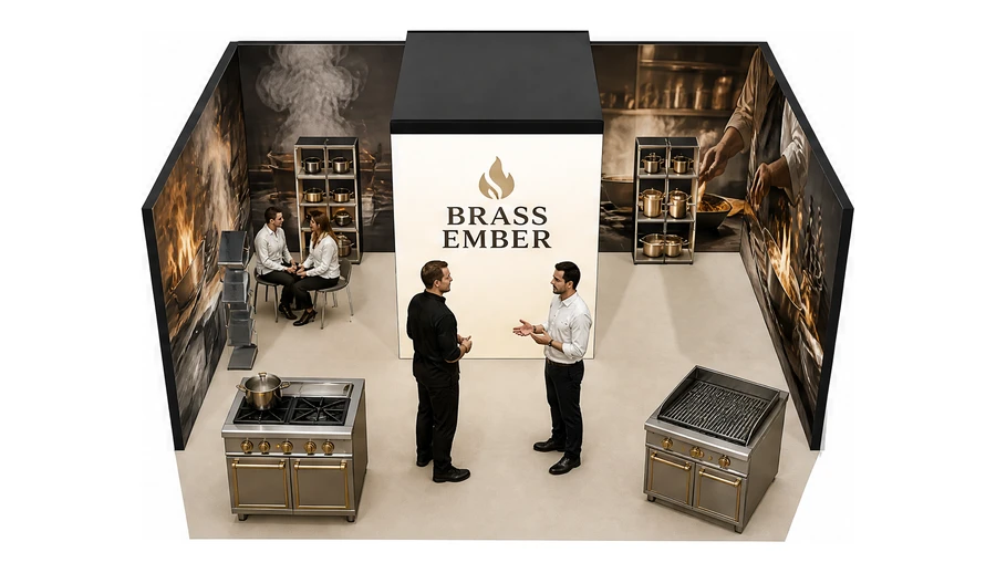 Stoisko 6 × 4 m szeregowe dla branży wyposażenie gastronomii, przykładowa marka Brass Ember