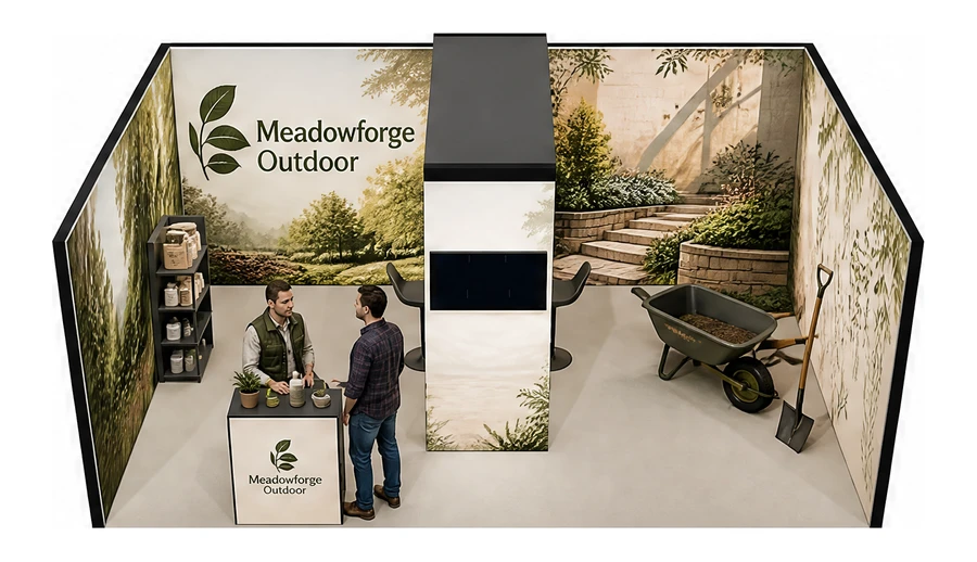 Stoisko 6 × 4 m szeregowe dla branży ogród i architektura krajobrazu, przykładowa marka Meadowforge Outdoor
