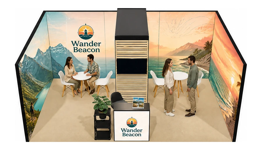 Stoisko 6 × 4 m szeregowe dla branży biura podróży i regiony, przykładowa marka Wander Beacon