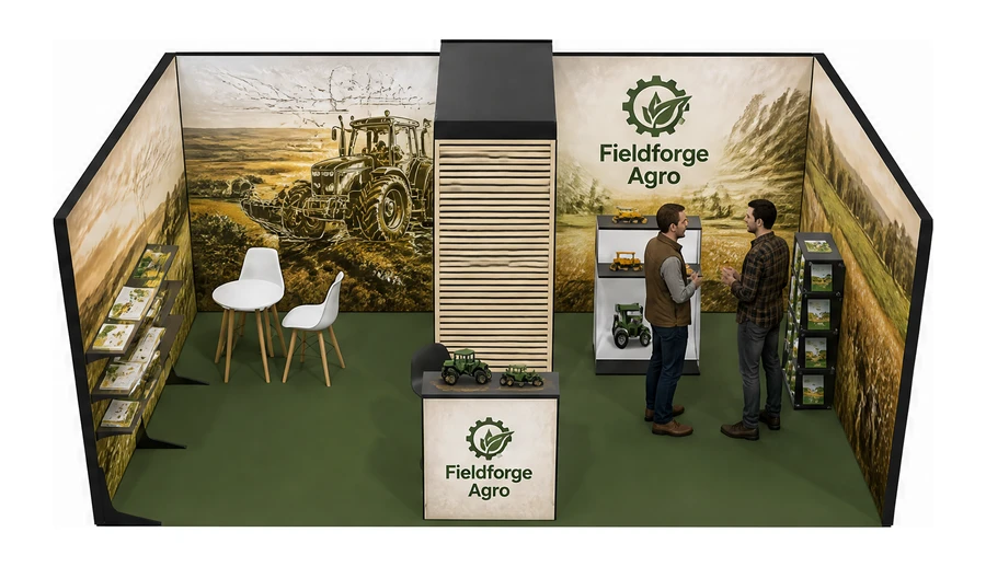 Stoisko 6 × 4 m szeregowe dla branży maszyny rolnicze, przykładowa marka Fieldforge Agro