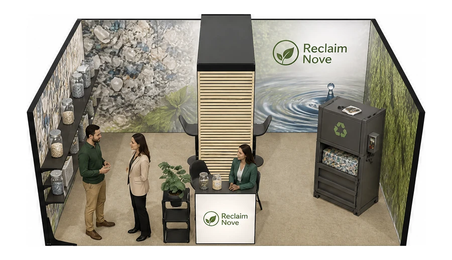 Stoisko 6 × 4 m szeregowe dla branży recykling i ochrona środowiska, przykładowa marka Reclaim Nove