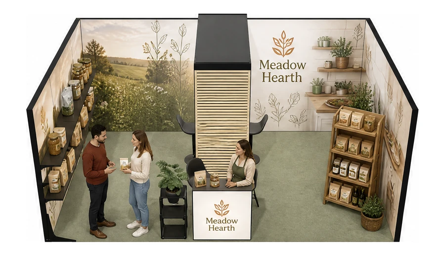 Stoisko 6 × 4 m szeregowe dla branży żywność ekologiczna, przykładowa marka Meadow Hearth