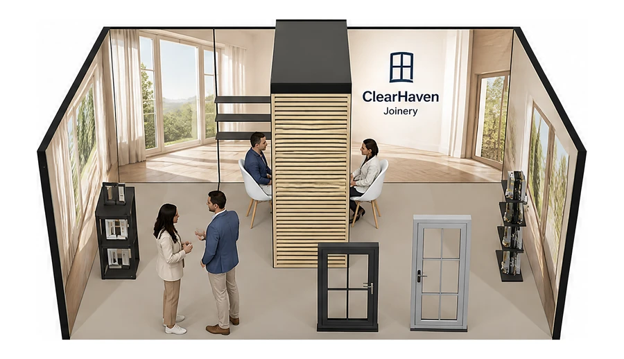 Stoisko 6 × 4 m szeregowe dla branży okna i drzwi, przykładowa marka ClearHaven Joinery
