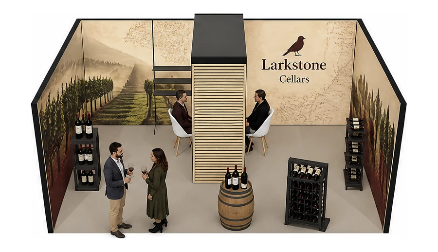 Stoisko 6 × 4 m szeregowe dla branży winnica, przykładowa marka Larkstone Cellars