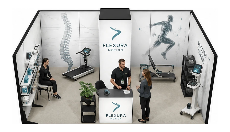 Stoisko 6 × 4 m szeregowe dla branży rehabilitacja i fizjoterapia, przykładowa marka Flexura Motion
