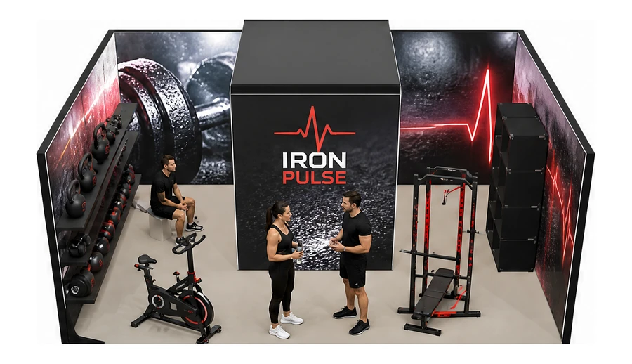 Stoisko 6 × 4 m szeregowe dla branży fitness i siłownie, przykładowa marka Iron Pulse