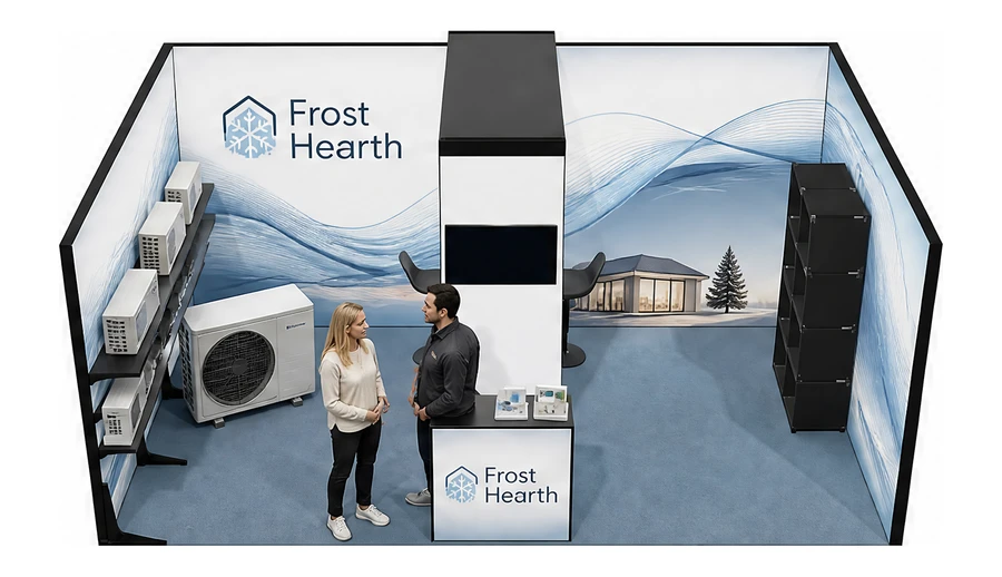 Stoisko 6 × 4 m szeregowe dla branży pompy ciepła i ogrzewanie, przykładowa marka Frost Hearth