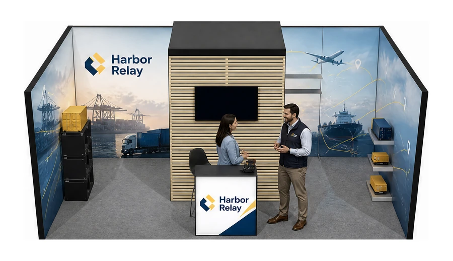 Stoisko 6 × 4 m szeregowe dla branży logistyka i spedycja, przykładowa marka Harbor Relay