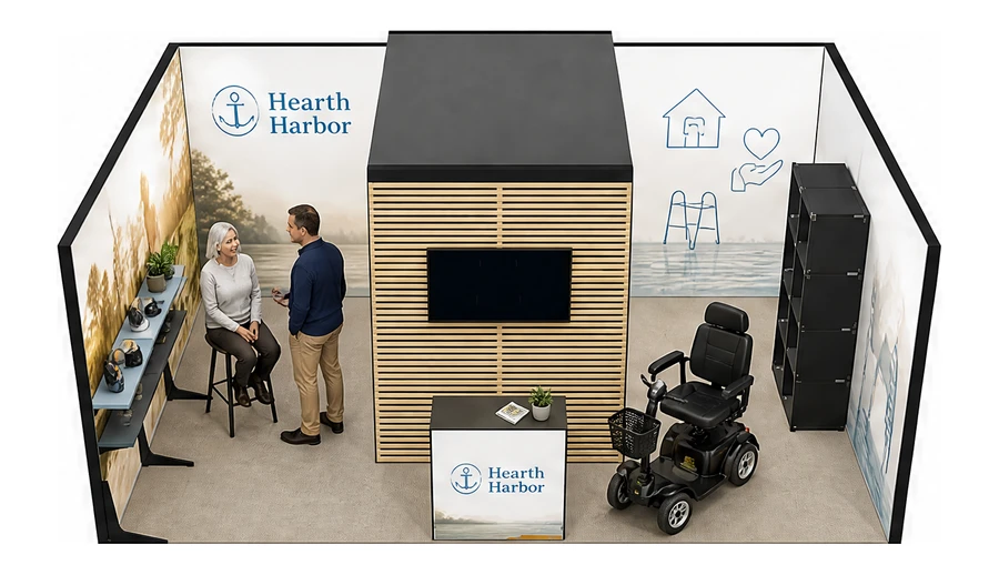 Stoisko 6 × 4 m szeregowe dla branży opieka senioralna, przykładowa marka Hearth Harbor