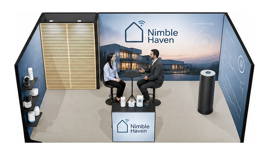 Stoisko 6 × 4 m szeregowe dla branży smart home i IoT, przykładowa marka Nimble Haven