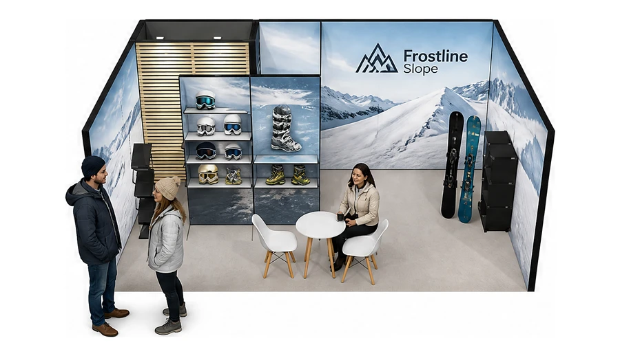 Stoisko 6 × 4 m szeregowe dla branży narciarstwo i sporty zimowe, przykładowa marka Frostline Slope