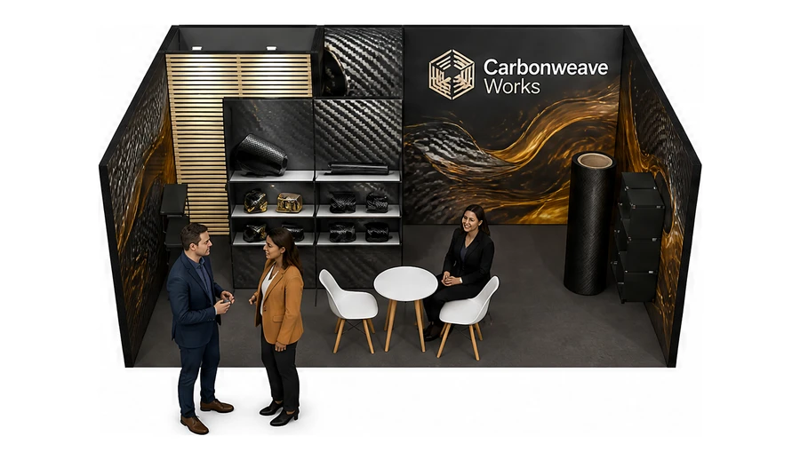 Stoisko 6 × 4 m szeregowe dla branży materiały kompozytowe, przykładowa marka Carbonweave Works