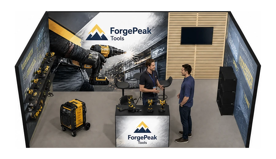 Stoisko 6 × 4 m szeregowe dla branży elektronarzędzia, przykładowa marka ForgePeak Tools