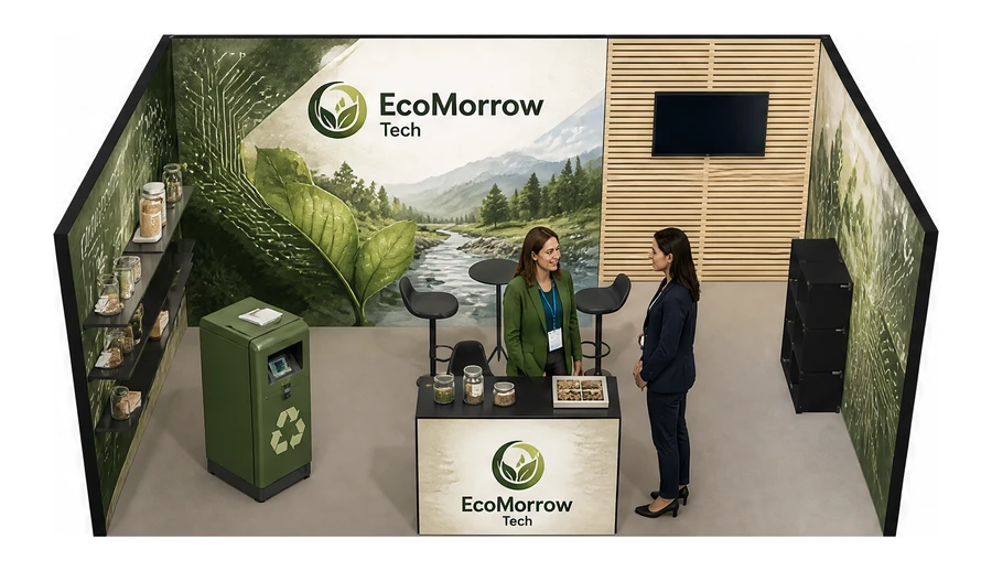 Stoisko 6 × 4 m szeregowe dla branży recykling i ochrona środowiska, przykładowa marka EcoMorrow Tech