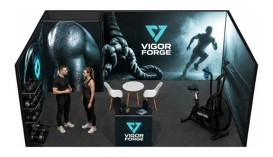 Stoisko 6 × 4 m szeregowe dla branży fitness i siłownie, przykładowa marka Vigor Forge