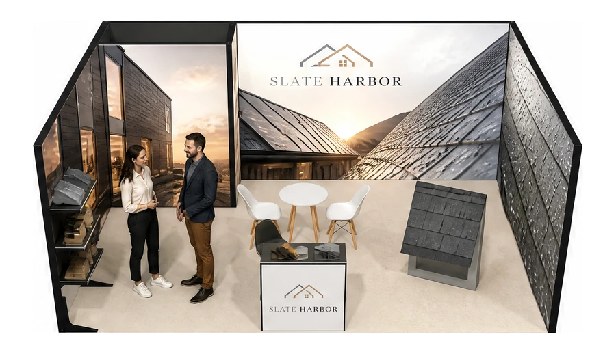 Stoisko 6 × 4 m szeregowe dla branży dachy i elewacje, przykładowa marka Slate Harbor