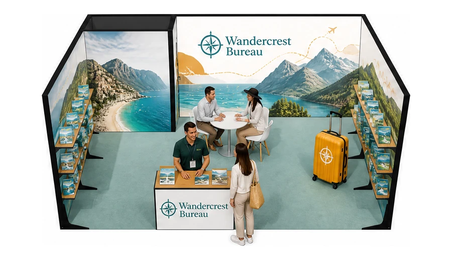 Stoisko 6 × 4 m szeregowe dla branży biura podróży i regiony, przykładowa marka Wandercrest Bureau