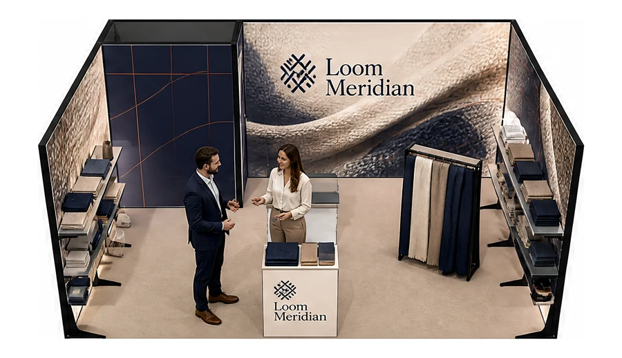 Stoisko 6 × 4 m szeregowe dla branży tekstylia i tkaniny, przykładowa marka Loom Meridian