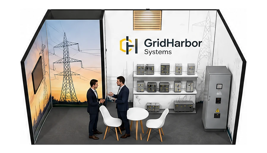 Stoisko 6 × 4 m szeregowe dla branży energetyka i sieci, przykładowa marka GridHarbor Systems