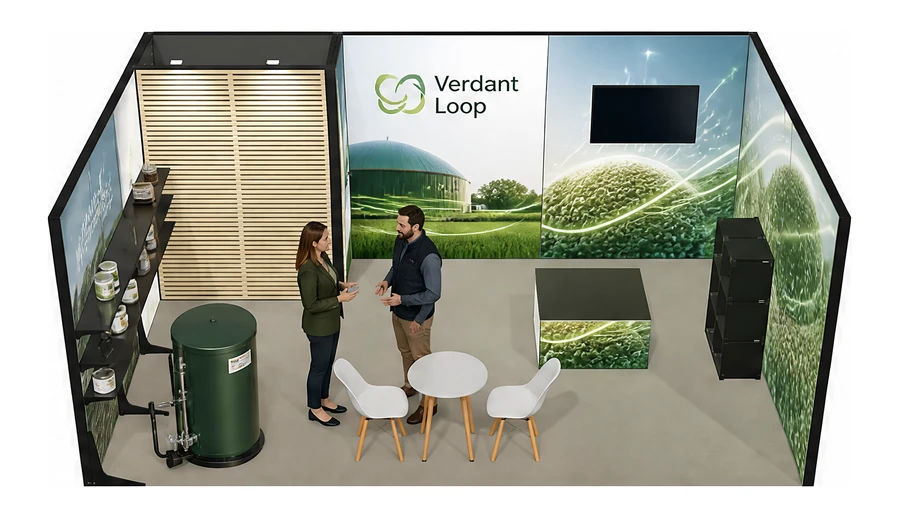 Stoisko 6 × 4 m szeregowe dla branży biogaz i OZE, przykładowa marka Verdant Loop