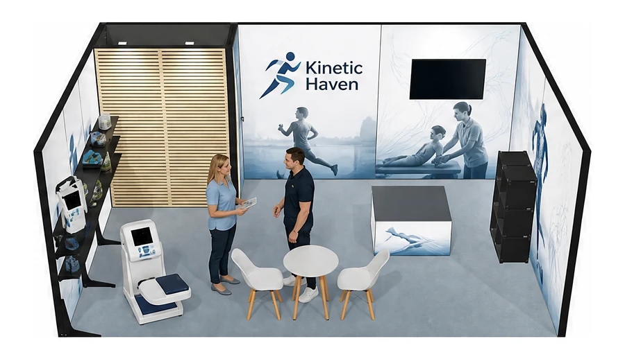 Stoisko 6 × 4 m szeregowe dla branży rehabilitacja i fizjoterapia, przykładowa marka Kinetic Haven