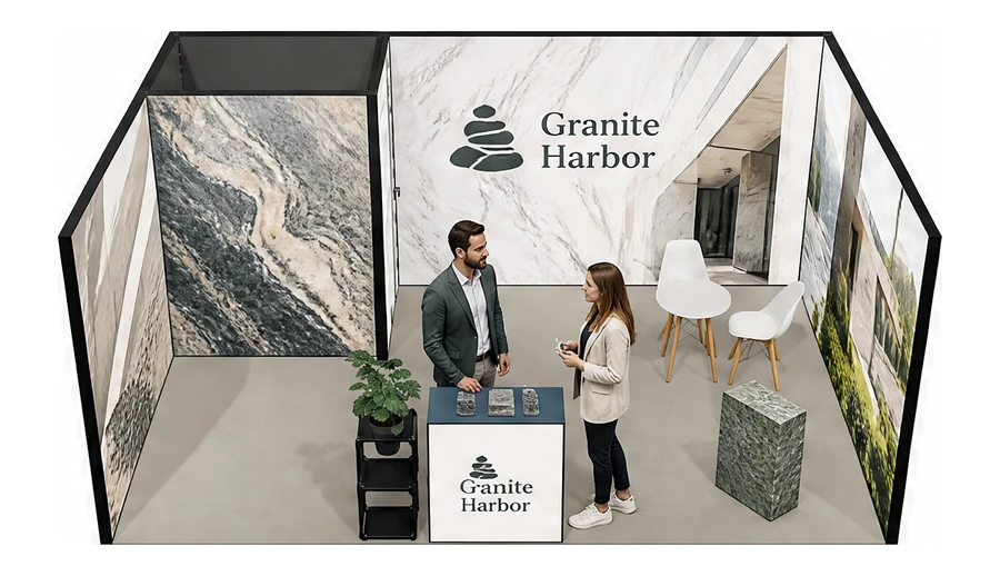 Stoisko 6 × 4 m szeregowe dla branży kamień i kamieniarstwo, przykładowa marka Granite Harbor