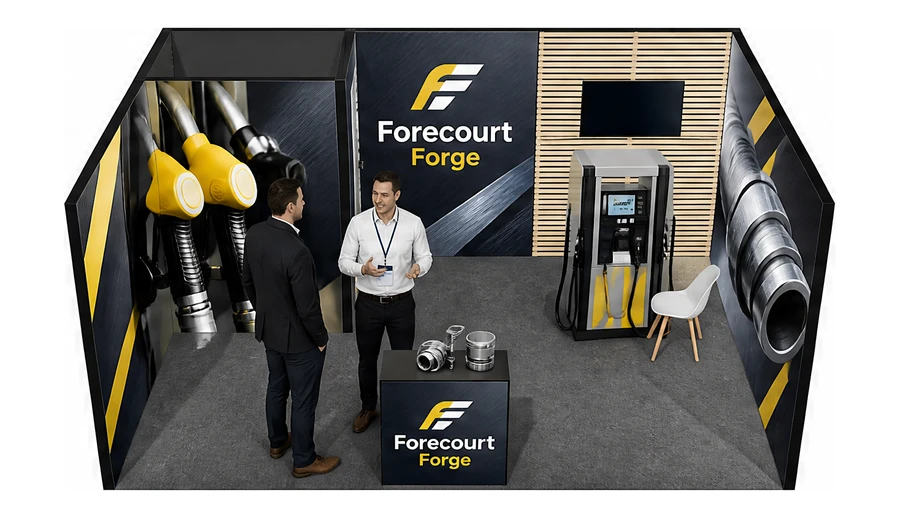 Stoisko 6 × 4 m szeregowe dla branży stacje paliw, przykładowa marka Forecourt Forge