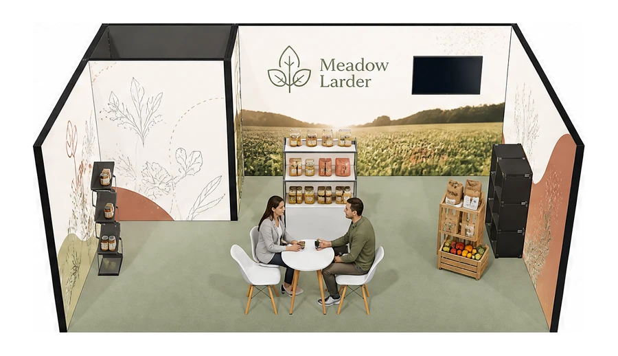 Stoisko 6 × 4 m szeregowe dla branży żywność ekologiczna, przykładowa marka Meadow Larder