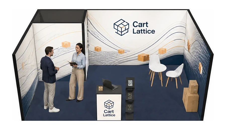 Stoisko 6 × 4 m szeregowe dla branży e-commerce, przykładowa marka Cart Lattice