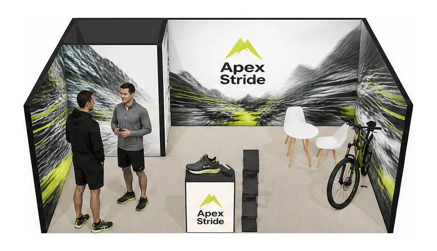 Stoisko 6 × 4 m szeregowe dla branży sprzęt sportowy, przykładowa marka Apex Stride