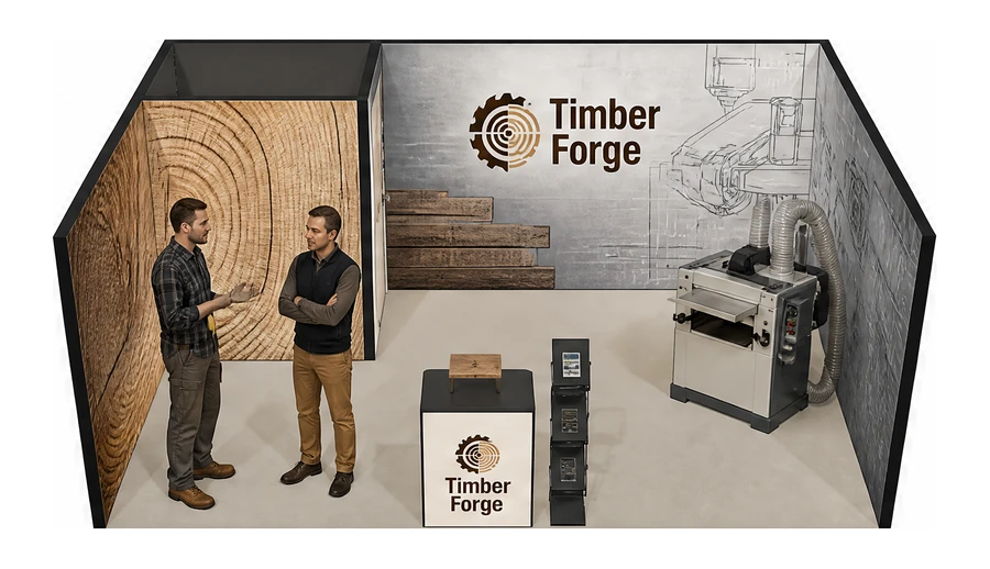 Stoisko 6 × 4 m szeregowe dla branży maszyny do obróbki drewna, przykładowa marka Timber Forge