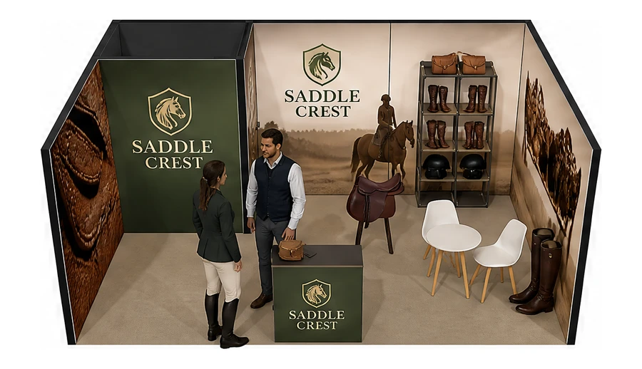 Stoisko 6 × 4 m szeregowe dla branży jeździectwo, przykładowa marka Saddle Crest