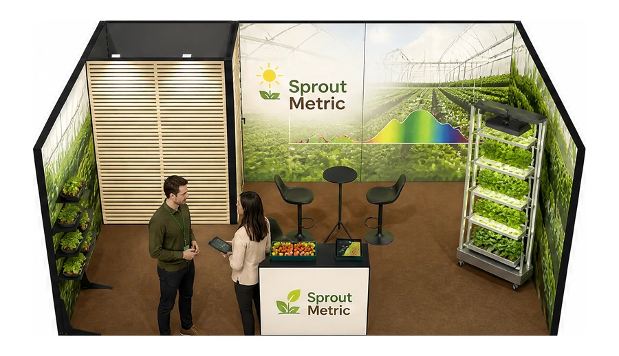 Stoisko 6 × 4 m szeregowe dla branży sadownictwo i warzywnictwo, przykładowa marka Sprout Metric