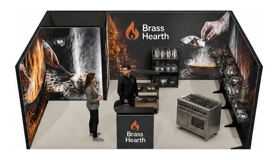 Stoisko 6 × 4 m szeregowe dla branży wyposażenie gastronomii, przykładowa marka Brass Hearth