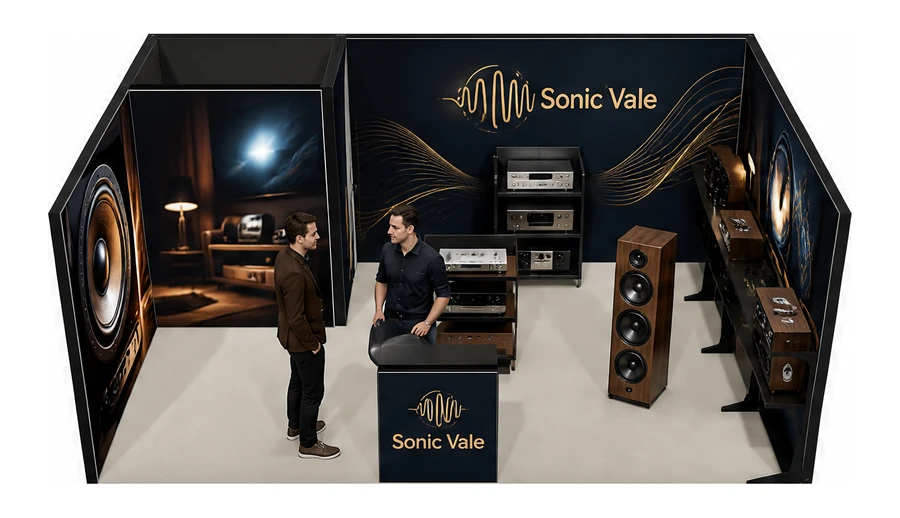 Stoisko 6 × 4 m szeregowe dla branży sprzęt audio-video, przykładowa marka Sonic Vale