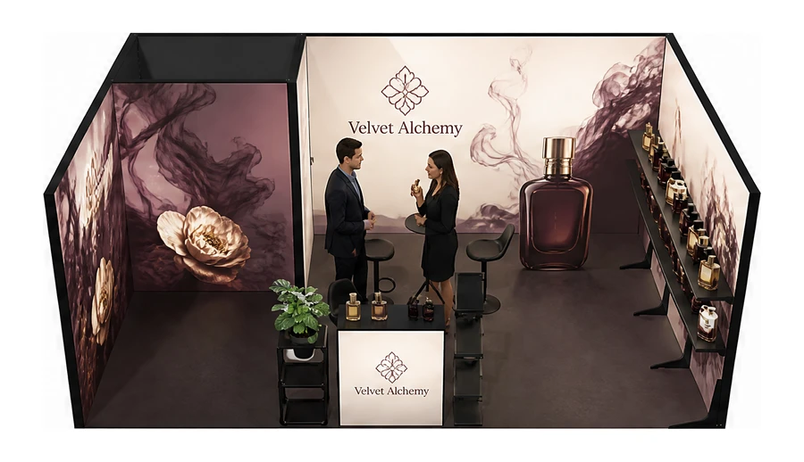 Stoisko 6 × 4 m szeregowe dla branży perfumy, przykładowa marka Velvet Alchemy