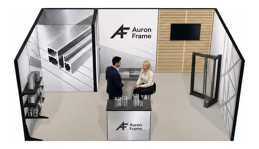 Stoisko 6 × 4 m szeregowe dla branży profile aluminiowe, przykładowa marka Auron Frame