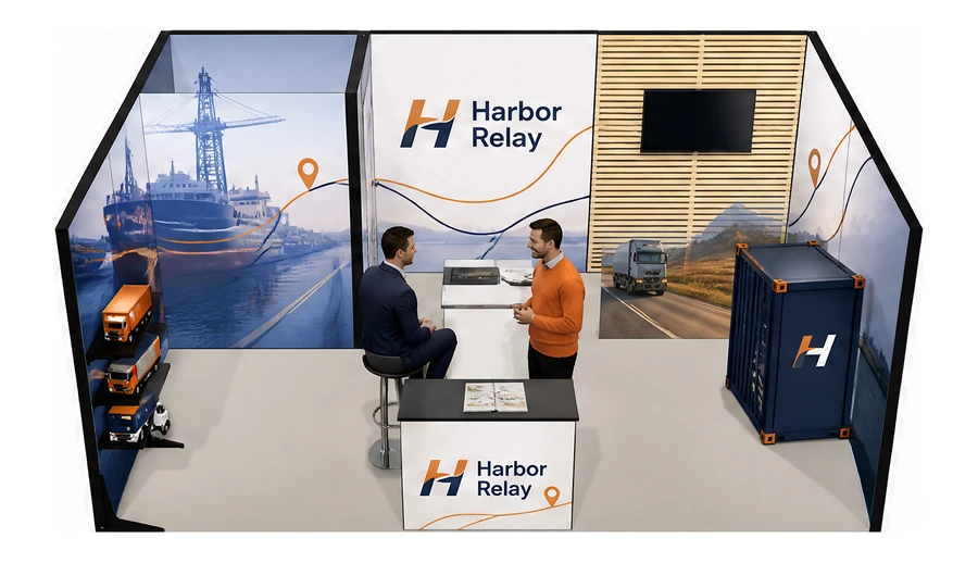 Stoisko 6 × 4 m szeregowe dla branży logistyka i spedycja, przykładowa marka Harbor Relay