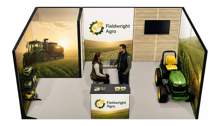 Stoisko 6 × 4 m szeregowe dla branży maszyny rolnicze, przykładowa marka Fieldwright Agro