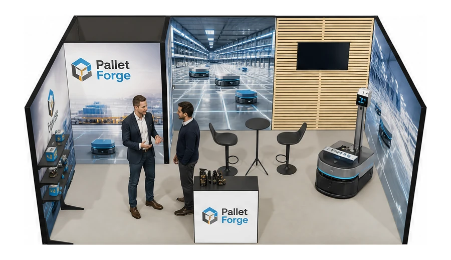 Stoisko 6 × 4 m szeregowe dla branży intralogistyka i magazyn, przykładowa marka Pallet Forge