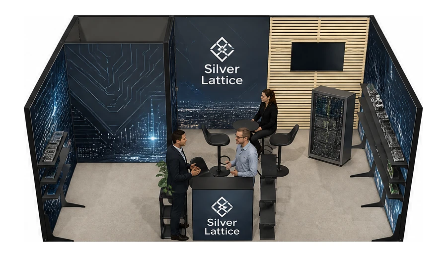 Stoisko 6 × 4 m szeregowe dla branży komponenty elektroniczne, przykładowa marka Silver Lattice