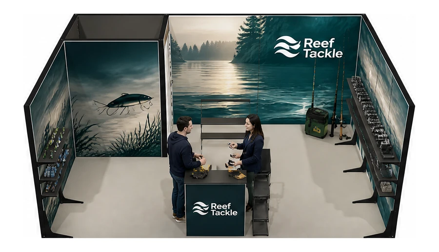 Stoisko 6 × 4 m szeregowe dla branży wędkarstwo, przykładowa marka Reef Tackle