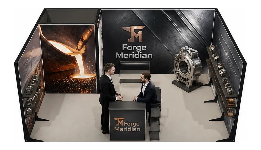 Stoisko 6 × 4 m szeregowe dla branży obróbka metali i odlewnictwo, przykładowa marka Forge Meridian