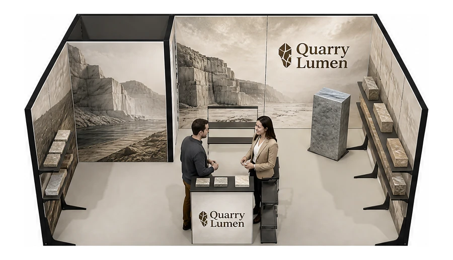 Stoisko 6 × 4 m szeregowe dla branży kamień i kamieniarstwo, przykładowa marka Quarry Lumen