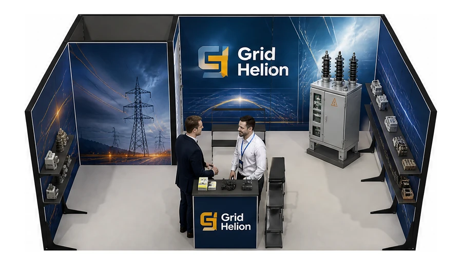 Stoisko 6 × 4 m szeregowe dla branży energetyka i sieci, przykładowa marka Grid Helion